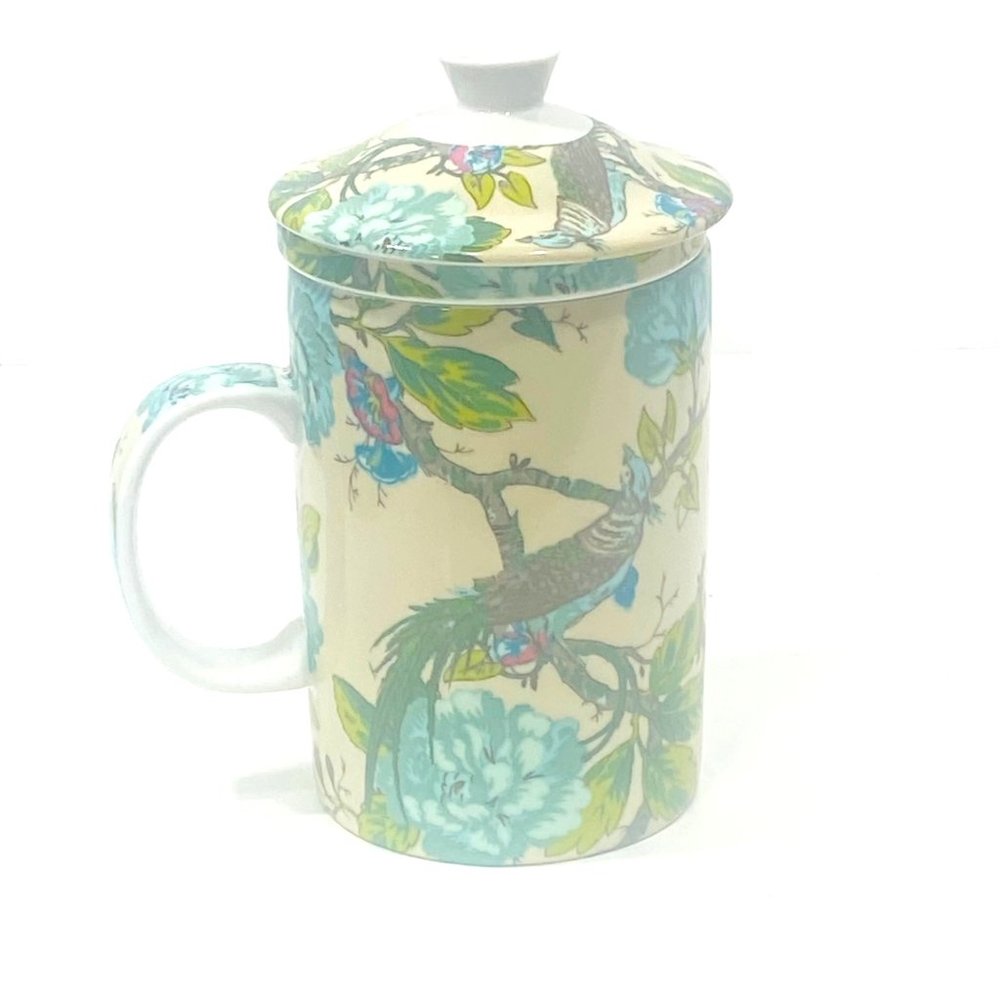World Market Ceramic Tea Cup Lid & Infuser Basket Asian Peacock Floral 3 Pc